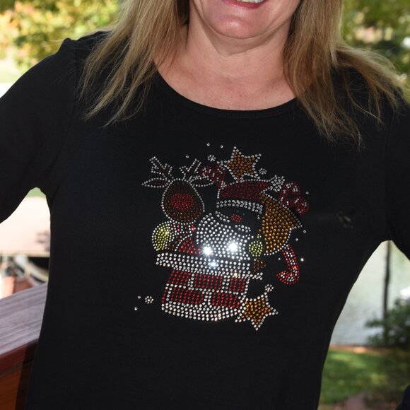 Christmas Santa & Reindeer   rhinestone  long Sleeve Shirt S M L XL XXL 1X… - Picture 7 of 7
